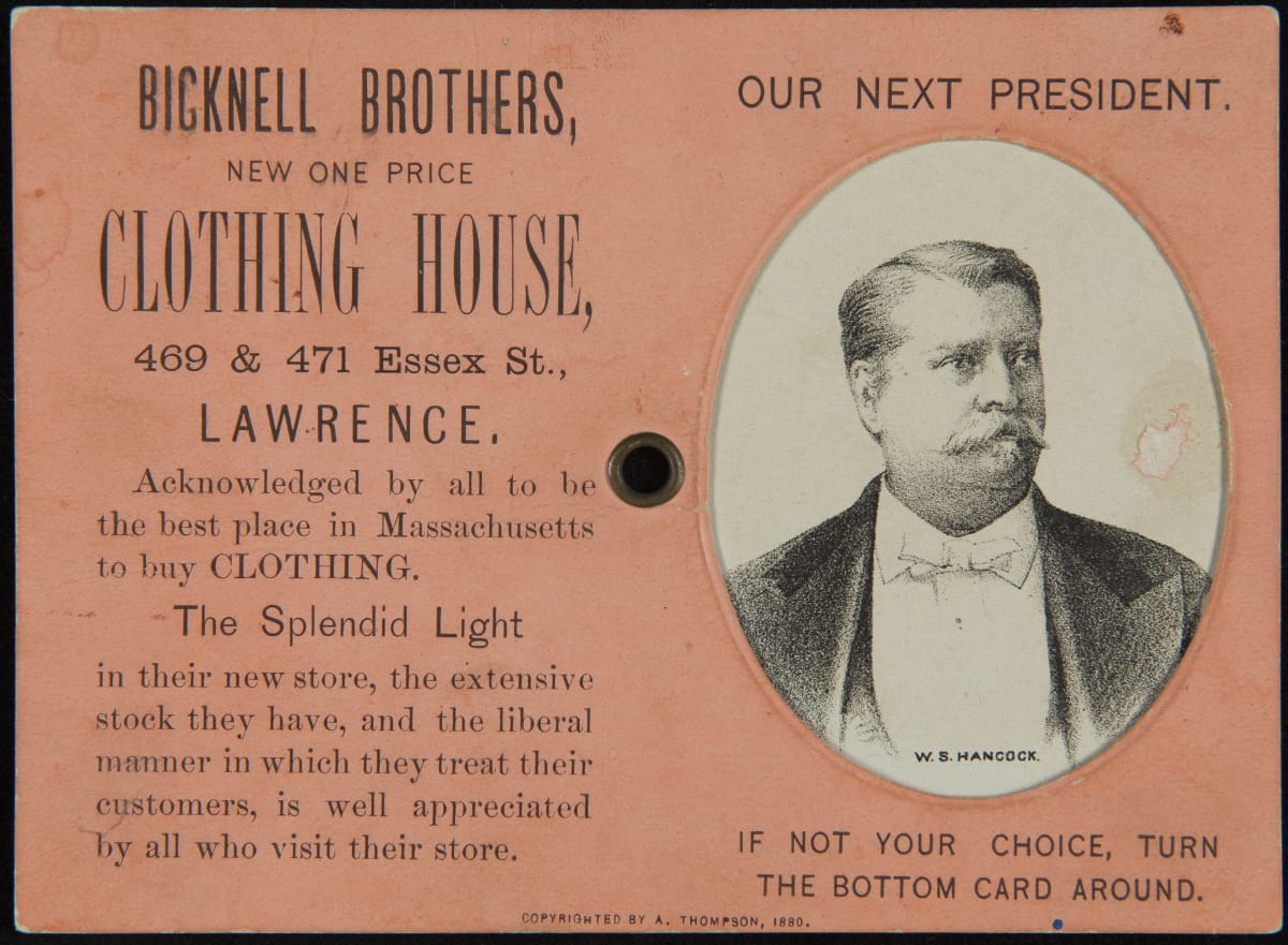 Trade Card for Bicknell Brothers Clothing House, "Our Next President