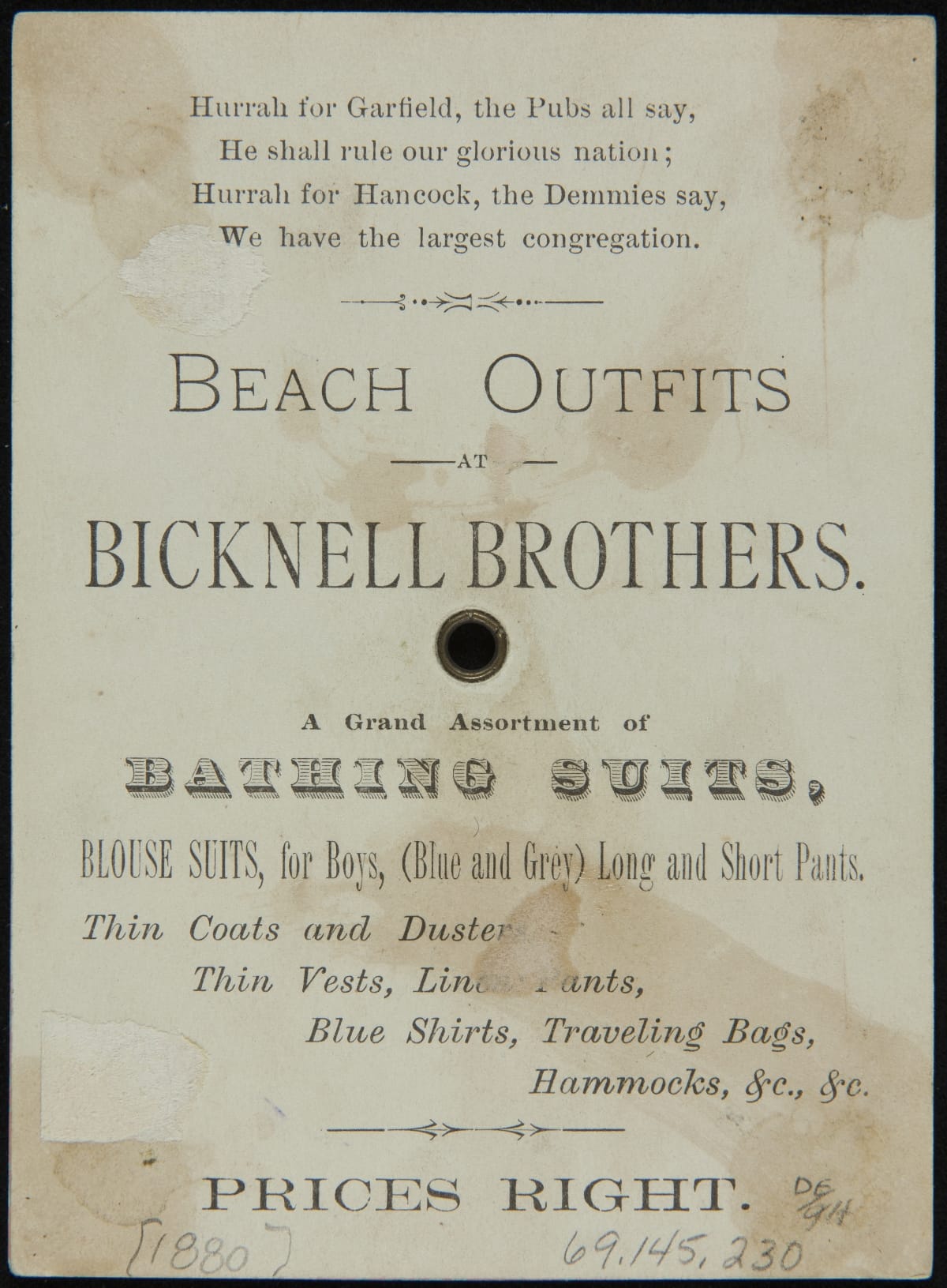 Trade Card for Bicknell Brothers Clothing House, "Our Next President