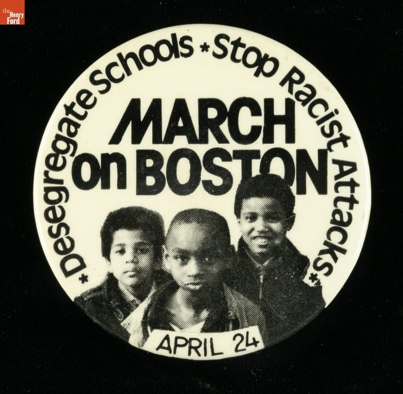 Buttons Protest Rally Button, March on Boston: Desegregate Schools, Stop Racist Attacks, 1976