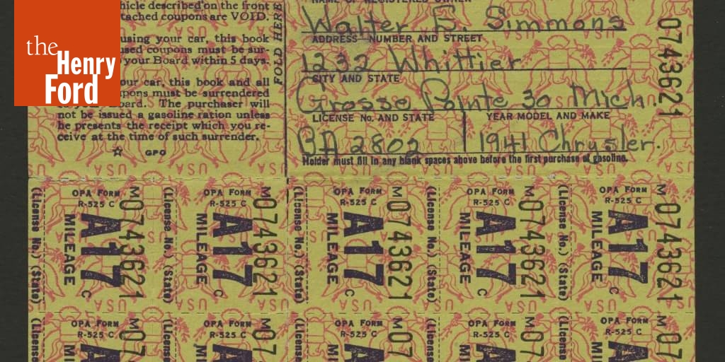 World War II Gasoline Ration Stamps and Mileage Card, Grosse Pointe