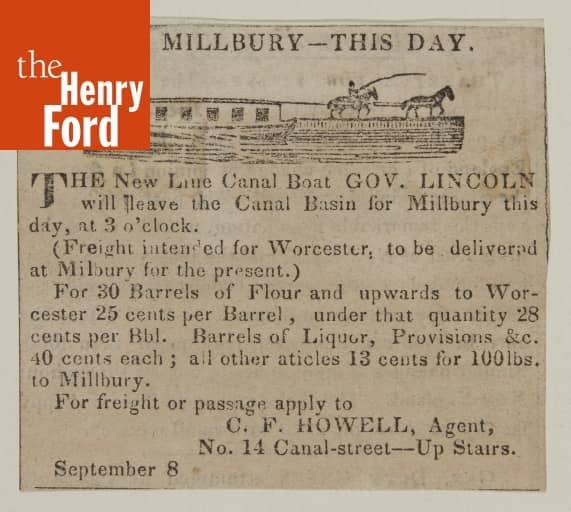 Advertisement from Newspaper, "For Millbury This Day," 1829 The