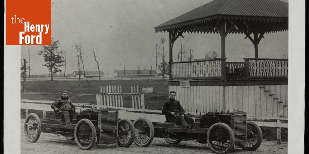 Tom Cooper and Barney Oldfield Seated in Race Cars, circa 1902 The