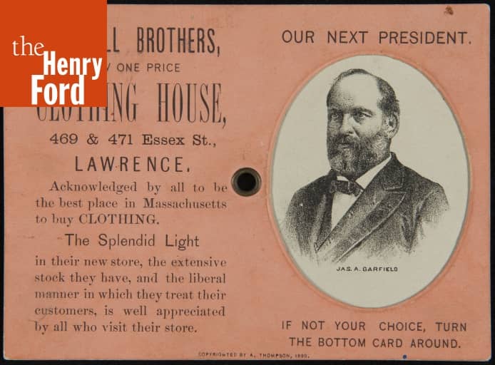 Trade Card for Bicknell Brothers Clothing House, "Our Next President
