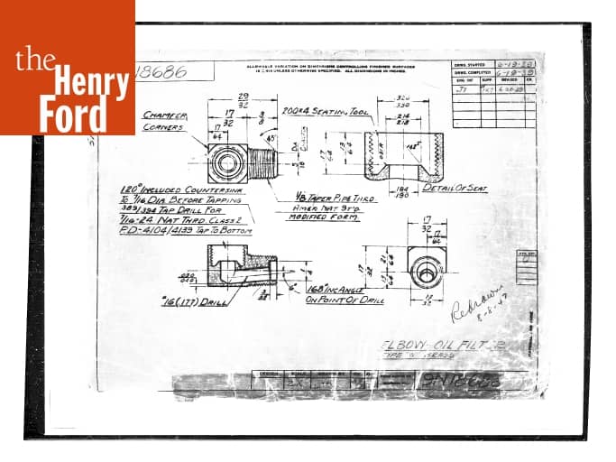 Drawing, "Elbow Oil Filter," Ford 9N Tractor, June 20, 1939 The