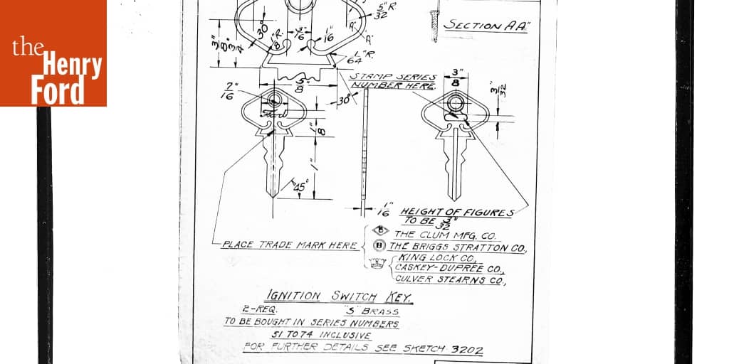Drawing, "Ignition Switch Key," Ford Model T, January 30, 1926 The