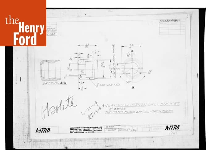Drawing, "Rear View Mirror Ball Socket," Ford Model A, March 18, 1929
