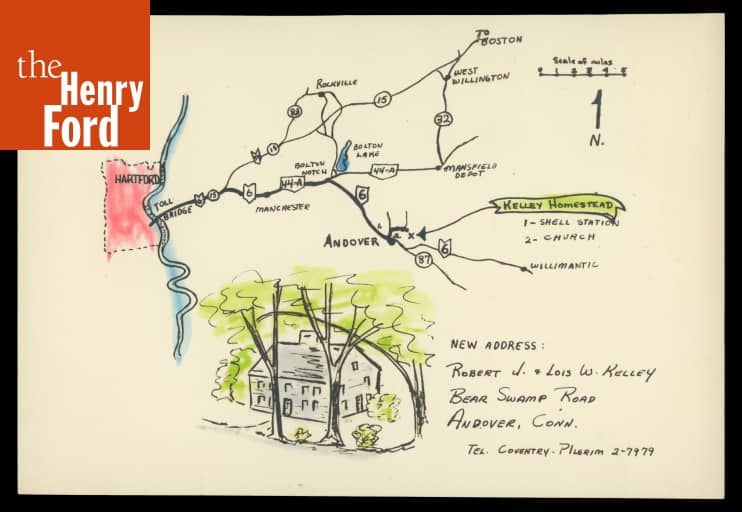 Map and Directions to the Kelley Homestead, Andover, Connecticut, 1953